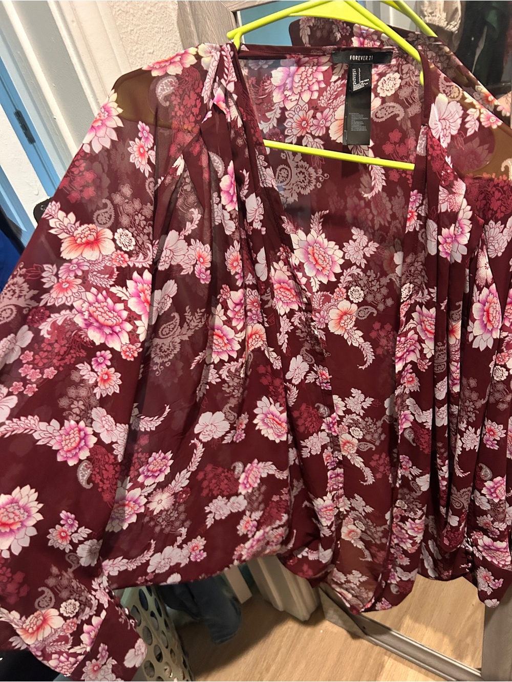 Forever 21 Burgundy Floral Sheer Kimono